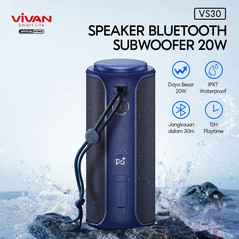 (VROFFSTORE) Vivan Bluetooth Speaker VS30 Portable Waterproff IPX7 Subwover 20Watt 15 Jam playtime Garansi 100% Original