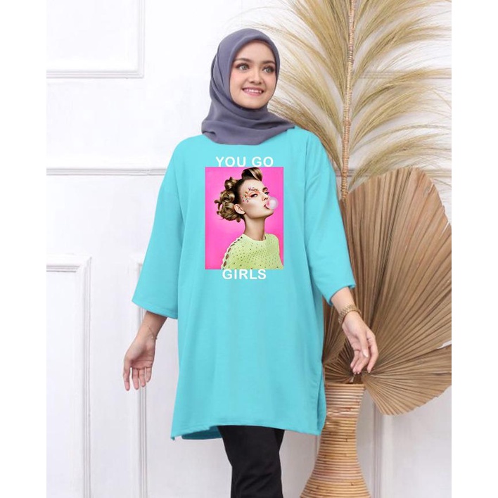 KAOS OVERSIZE TOP HIJAB WANITA BASIC YOU GO  / OVERSIZE SLIT BLOUSE GAMBAR DTF / DIGITAL PRINT