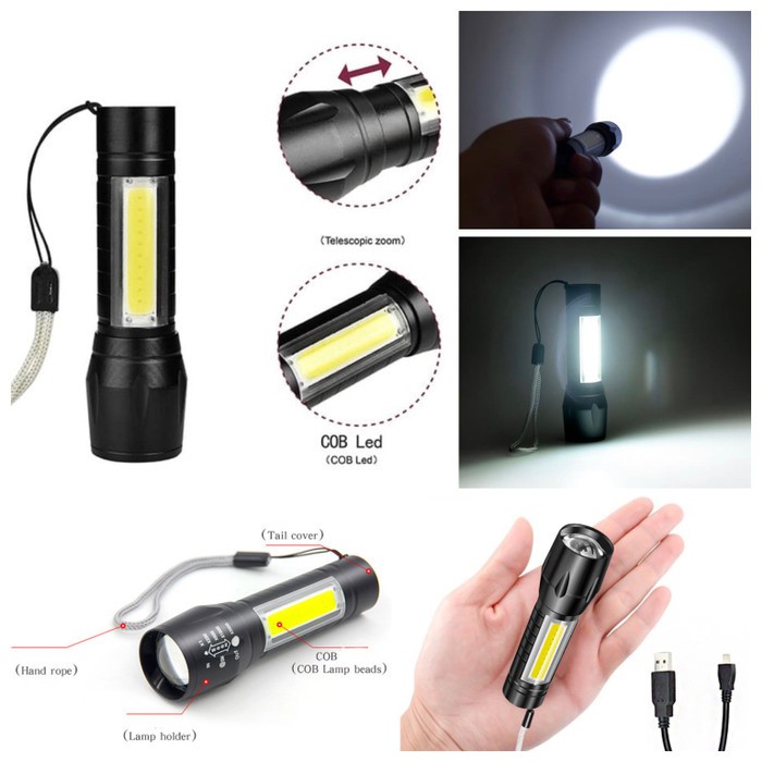 Senter USB COB Mini Usb Recharger Zoom LED Lampu Zoom Obor untuk Camping Outdoor