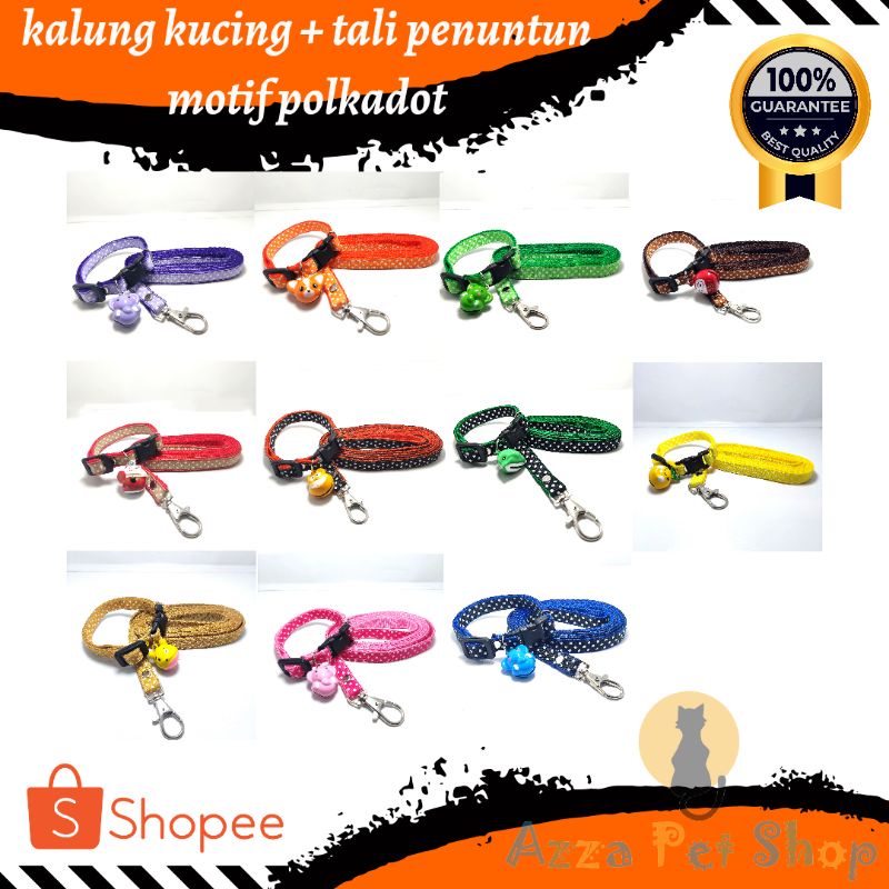 kalung kucing + tali motif polkadot lonceng karakter / tali kalung kucing / tali penuntun kucing