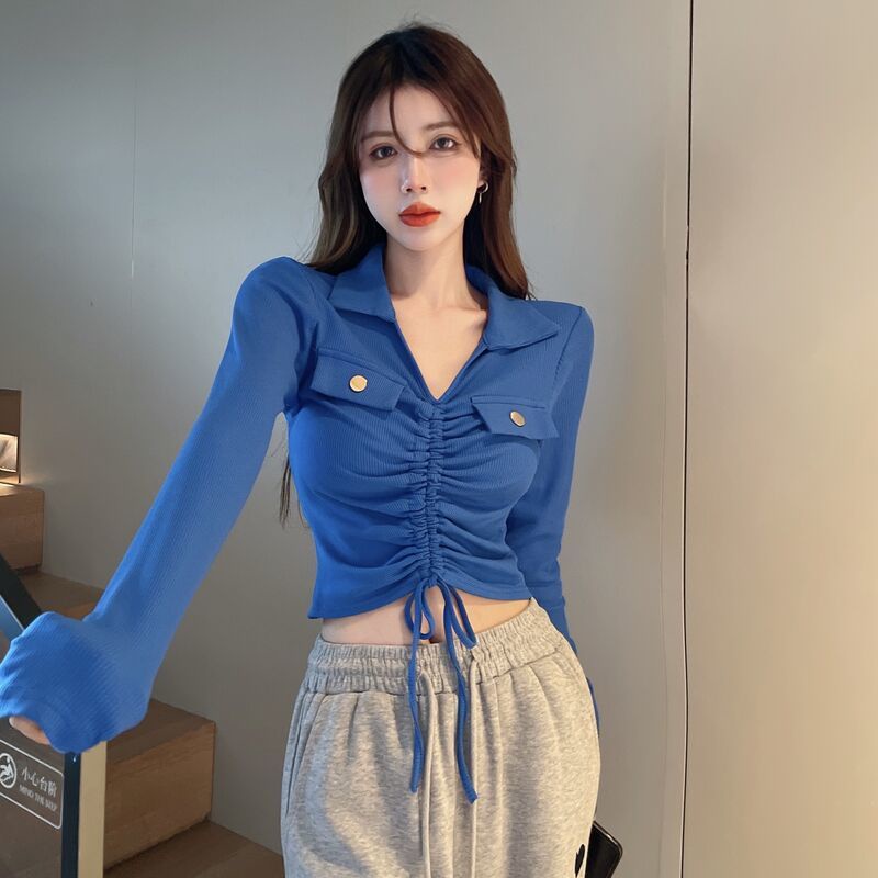 Suhao American Top Pure Desire Personality Care Machine Kerah Polo Serut Pendek Pinggang Tinggi T-sh