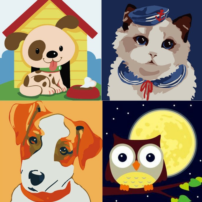 

SET KIT KANVAS LUKIS ANAK 20x20 CM CANVAS PAINTING BY NUMBER DOG CAT OWL
