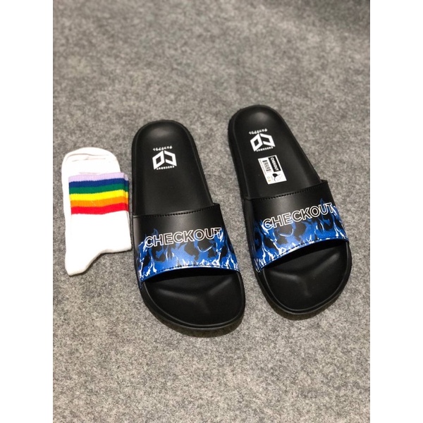 SANDAL SLIDE CHECKOUT FLAME NAVY BLACK PRIA WANITA