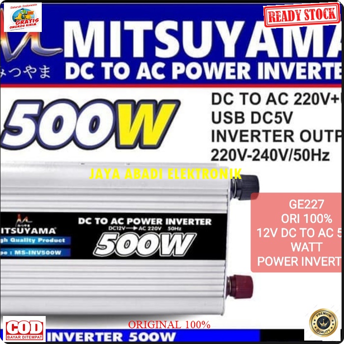 G227 MITSUYAMA ADAPTOR MOBIL POWER INVERTER 12V DC AC 500 WAT USB AKI ACCU LISTRIK SETRUM CAS CASAN VOLT CHARGER SOCKET ADAPTER UNIVERSAL HEMAT INDIKATOR STABILIZER VOLTAGE LIGHTER PRODUK BERKHUALITAS HARGA TERJANGKAU