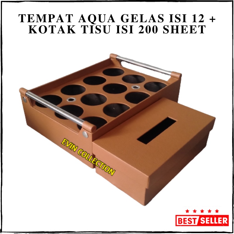 Tempat Aqua Gelas Isi 12 Cup + Kotak Tisu Isi 200 Sheet Kulit Sintetis Keranjang Air Mineral Tempat Tissue