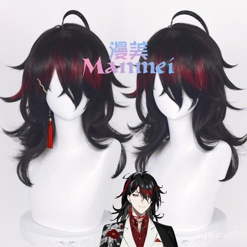 Manmei VTuber Hololive Vox Akuma Cosplay Wig Black Mixed Red Heat Resistant Synthetic Hair