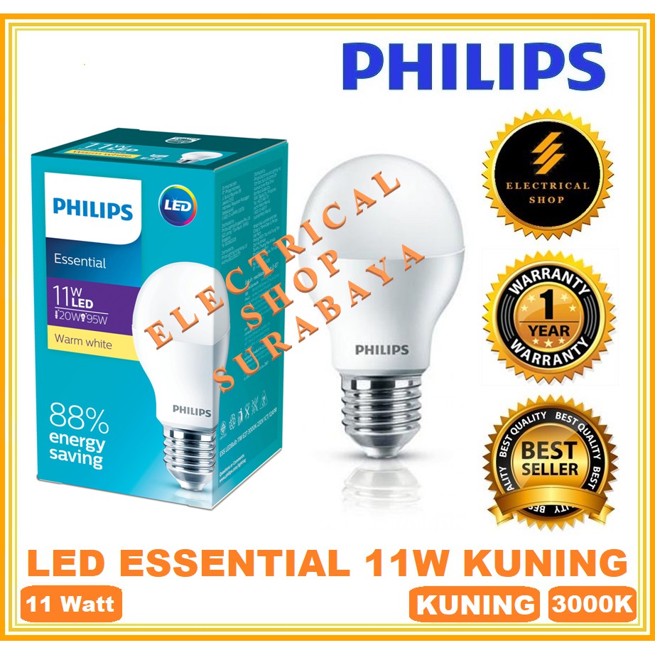 PHILIPS LAMPU LED ESSENTIAL 11W 11 W WATT (KUNING) (GARANSI 1 TAHUN &amp; GROSIR) ESS BULB ORI MURAH