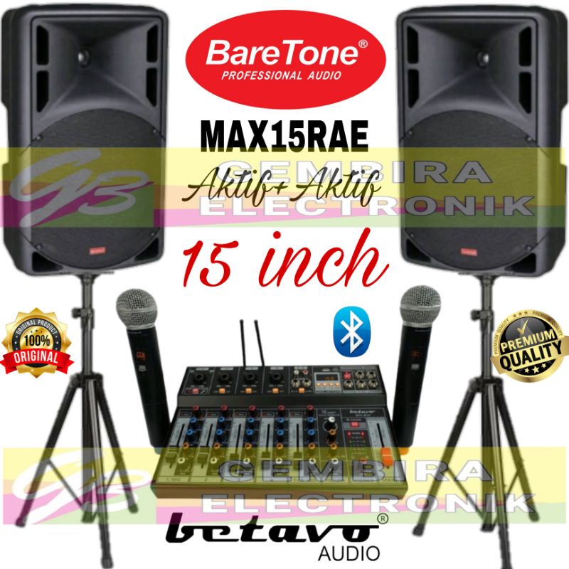 Paket Speaker Aktif Baretone 15 inch Max15Rae mixer Betavo Wireless 6 channel
