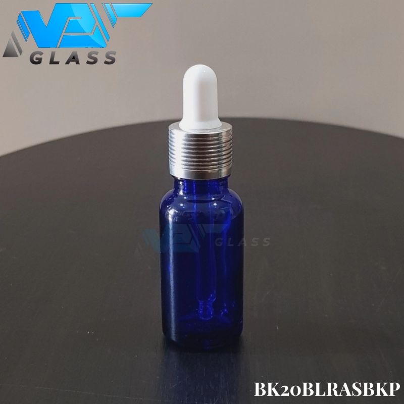 botol pipet kaca 20ml tebal biru - ring almunium silver bergaris