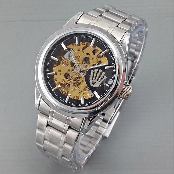 Jam Tangan Pria Rolex Skeleton Logo Samping Rantai Silver Hitam Matic