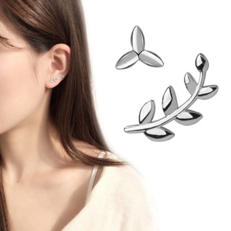 Exquisite Bright Anting Tusuk Asimetris Sterling Silver 925 Model Ranting Daun Zaitun Hypoallergenic Untuk Wanita