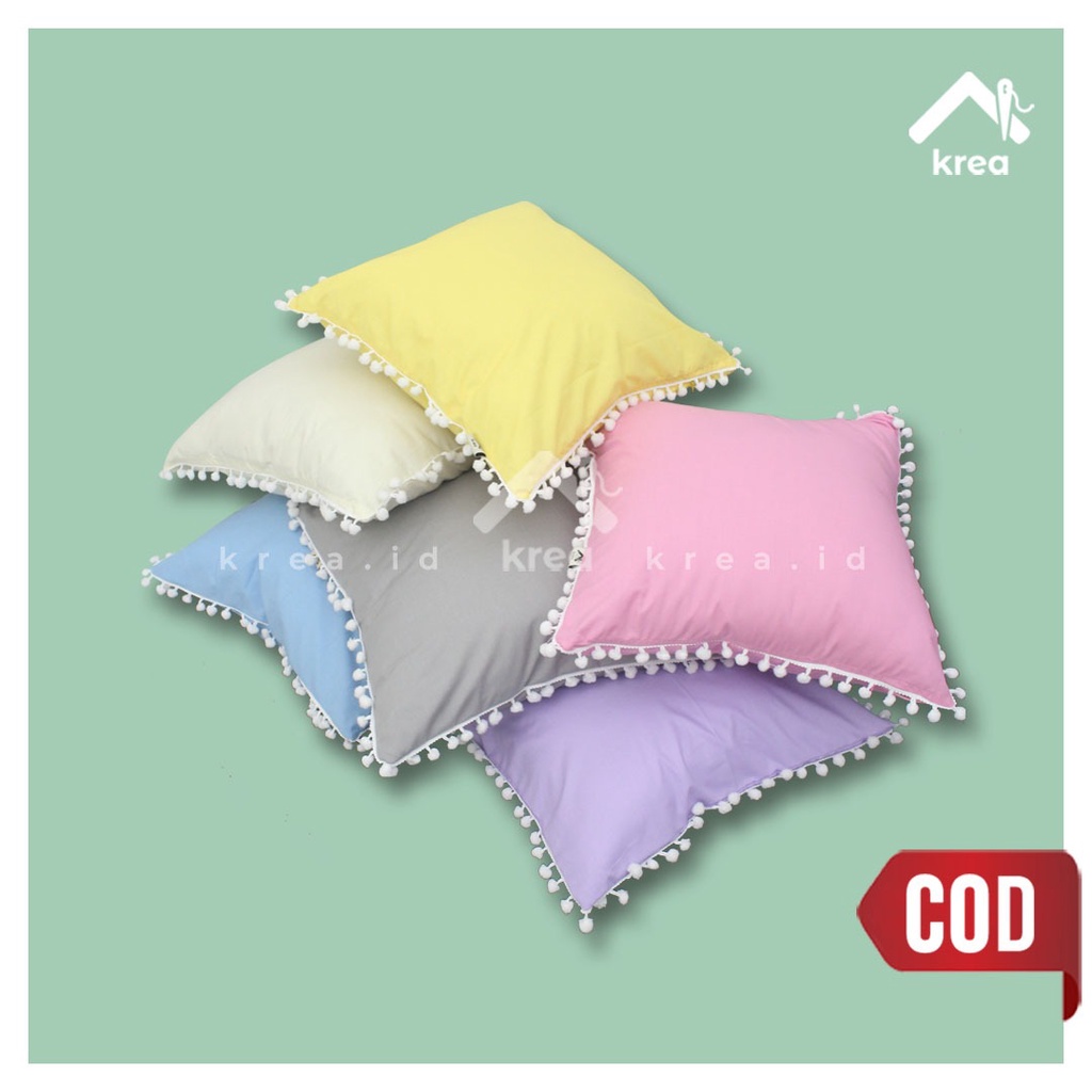 SARUNG BANTAL SOFA POLOS PINGGIRAN RENDA DAN POMPOM UKURAN 30x50 - 40x40