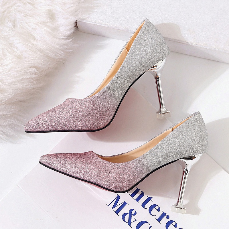 Sepatu Hak Tinggi Wanita Pernikahan Pengantin Terbaru Korea Murah Runcing Elegan Modis Warna Gradient Ungu Abu Purple Pink Grey Import Pointed Toe Stiletto Pump 9cm High Heels Wedding Shoes - Ukuran 34 35 36 37 38 39 40