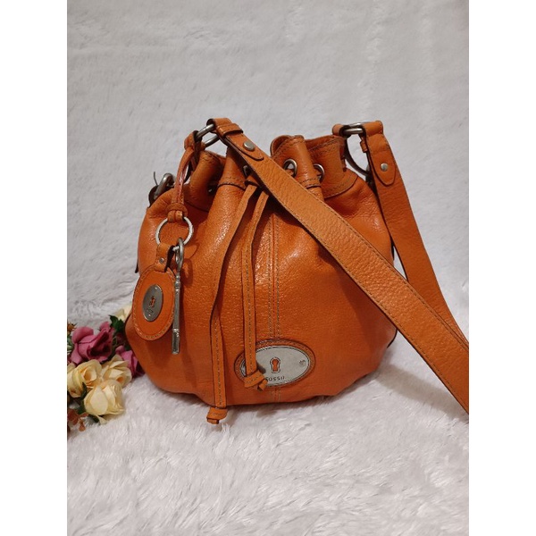 ~ MDL012 Fossil Maddox Large Orange Leather Authentic | Tas Fossil Maddox Serut Orens