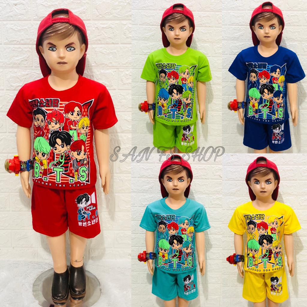 SAN FS SHOP - Baju Setelan Pendek Anak Laki-Laki Motif BTS  Untuk 1-10 Tahun