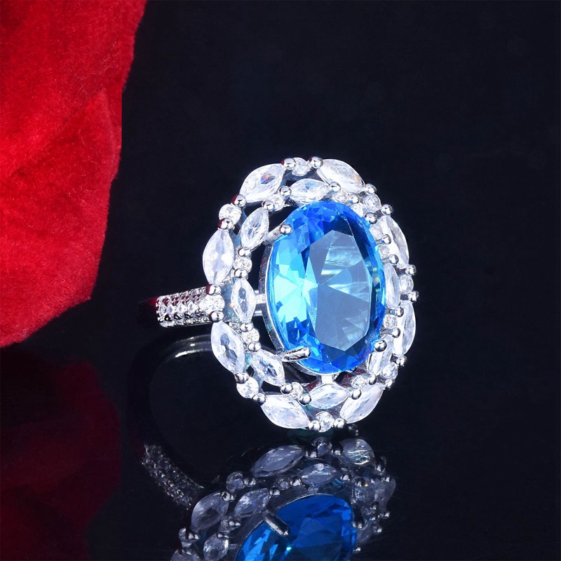 Cincin Batu Topaz Biru Swiss Aksen Berlian Untuk Wanita