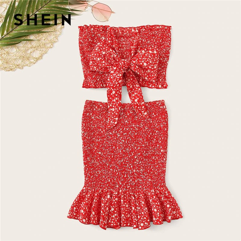SHEIN Red Frilled Trim Bow Knot Dot Bandeau Crop Top And Skirt Two Piece Set Summer Boho