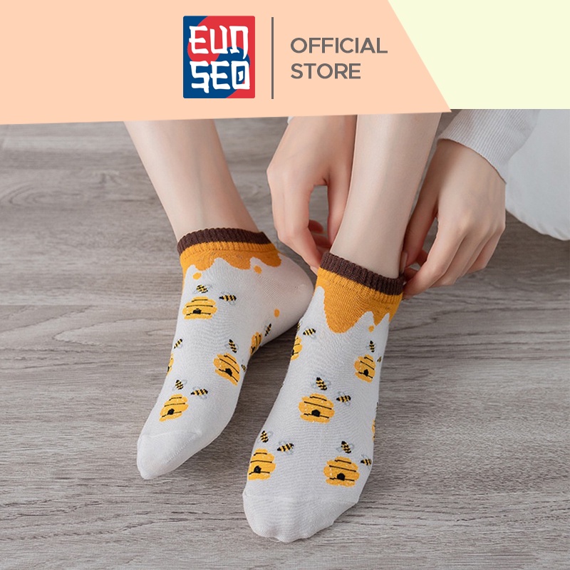 EUNSEO Kaos Kaki Semata Kaki Pendek Kaos Kaki Fashion Korea Motif Bee Lebah Kuning Premium