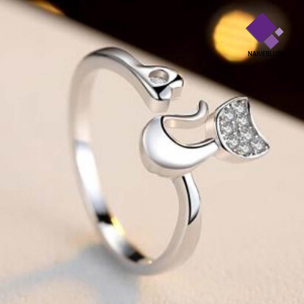 1pc Cincin Model Terbuka Desain Hewan Kucing Hati Bahan Cubic Zirconia