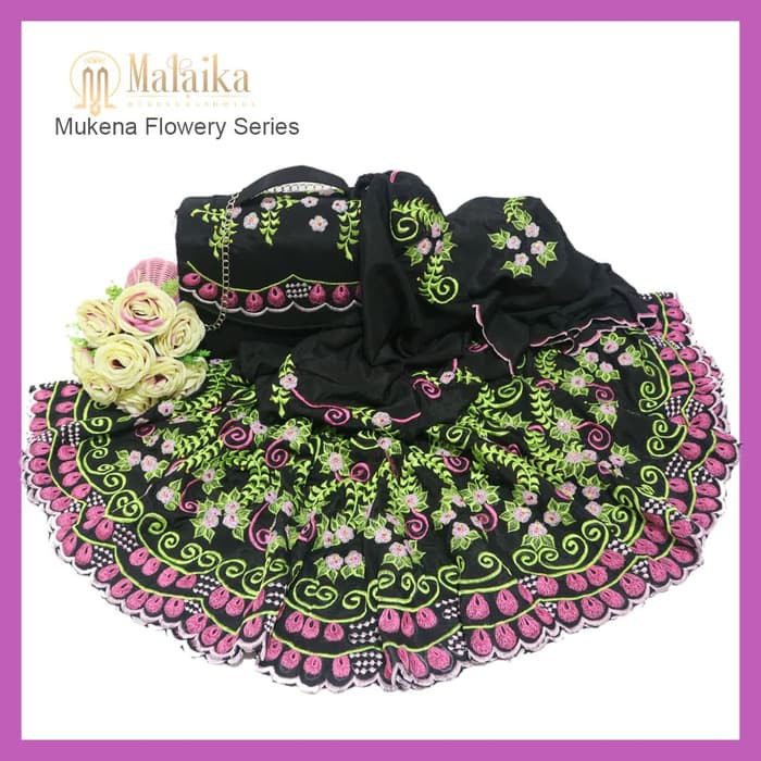 MY MUKENA HITAM BORDIR HANDMADE MALAIKA FLOWERY SERIES ELEGAN