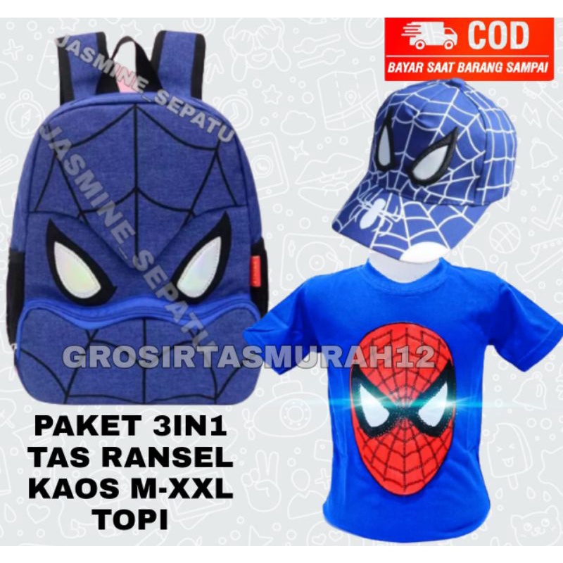 Kaos Baju anak LED nyala superhero Spiderman /LED/ Tas Ransel anak Karakter