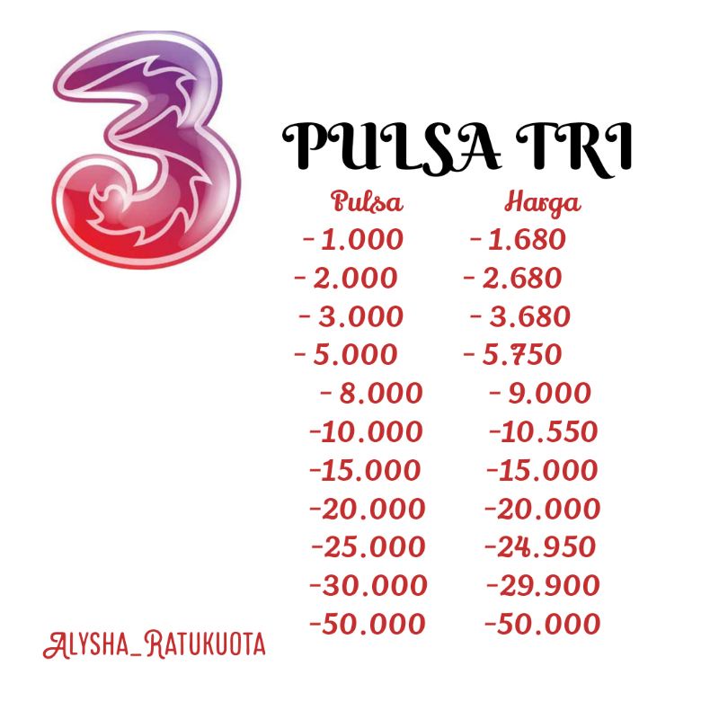 Pulsa Tri murah 1k, 3k, 5k, 10k