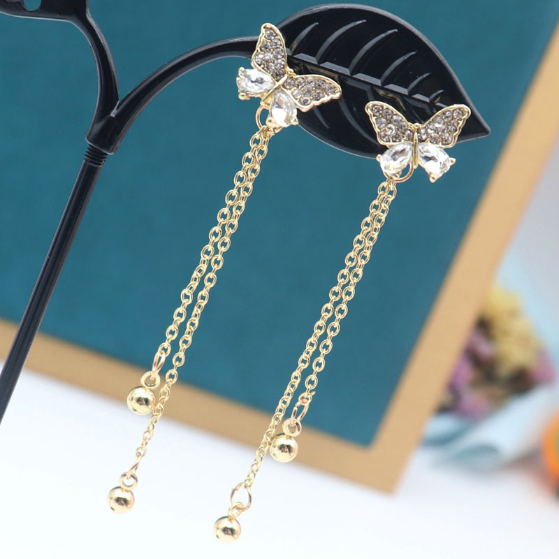 BUTTERFLY Anting Tusuk Rumbai Panjang Sterling Silver 925 Desain Kupu-Kupu Hias Zircon Untuk Wanita