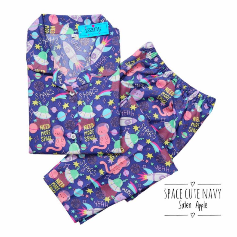 Piyama Wanita Baju Tidur Wanita Dewasa Baju Tidur Piyama Satin Apple-Space Navy