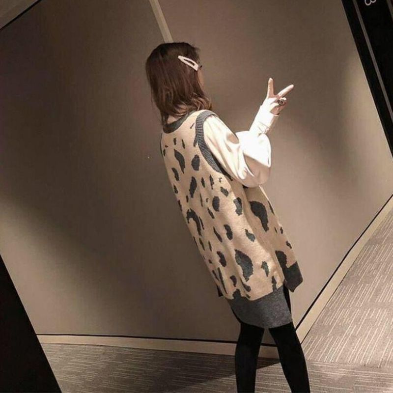 IMPORT WOMAN KNIT LONG VEST LEOPARD WINTER AUTUMN OUTFIT ROMPI RAJUT WANITA PANJANG MUSIM DINGIN