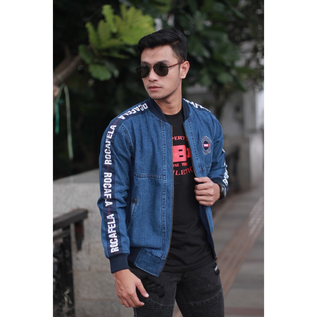 TURUN HARGA!! JAKET JEANS PRIA COWOK JAKET BOMBER JEANS LIST COWOK TAPING ORIGINAL ROCAFELA