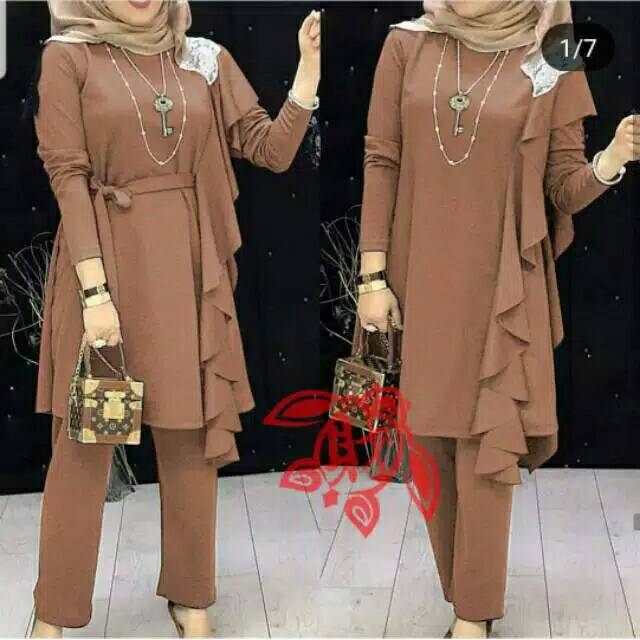 SET CELANA NAURA LAYER, MOSCREPE PREMIUM, GAMIS HIJAB MUSLIM DRESS, SETELAN, 2 UKURAN