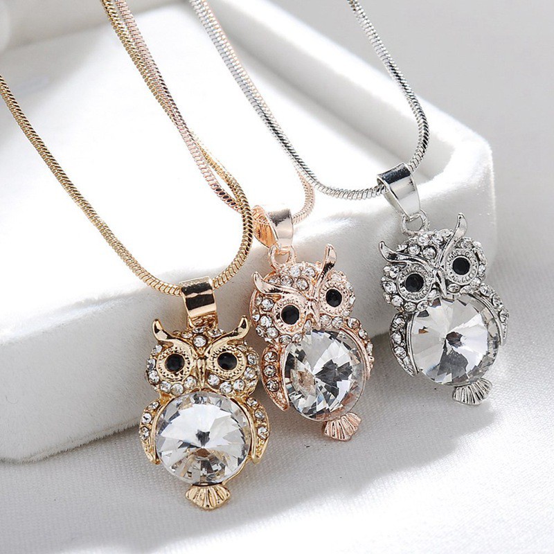 Rose Gold Color Fashion Snake Chain Crystal Gemstone Necklace Sweater Jewelry Fashion Small Cute Owl Bird Pendant