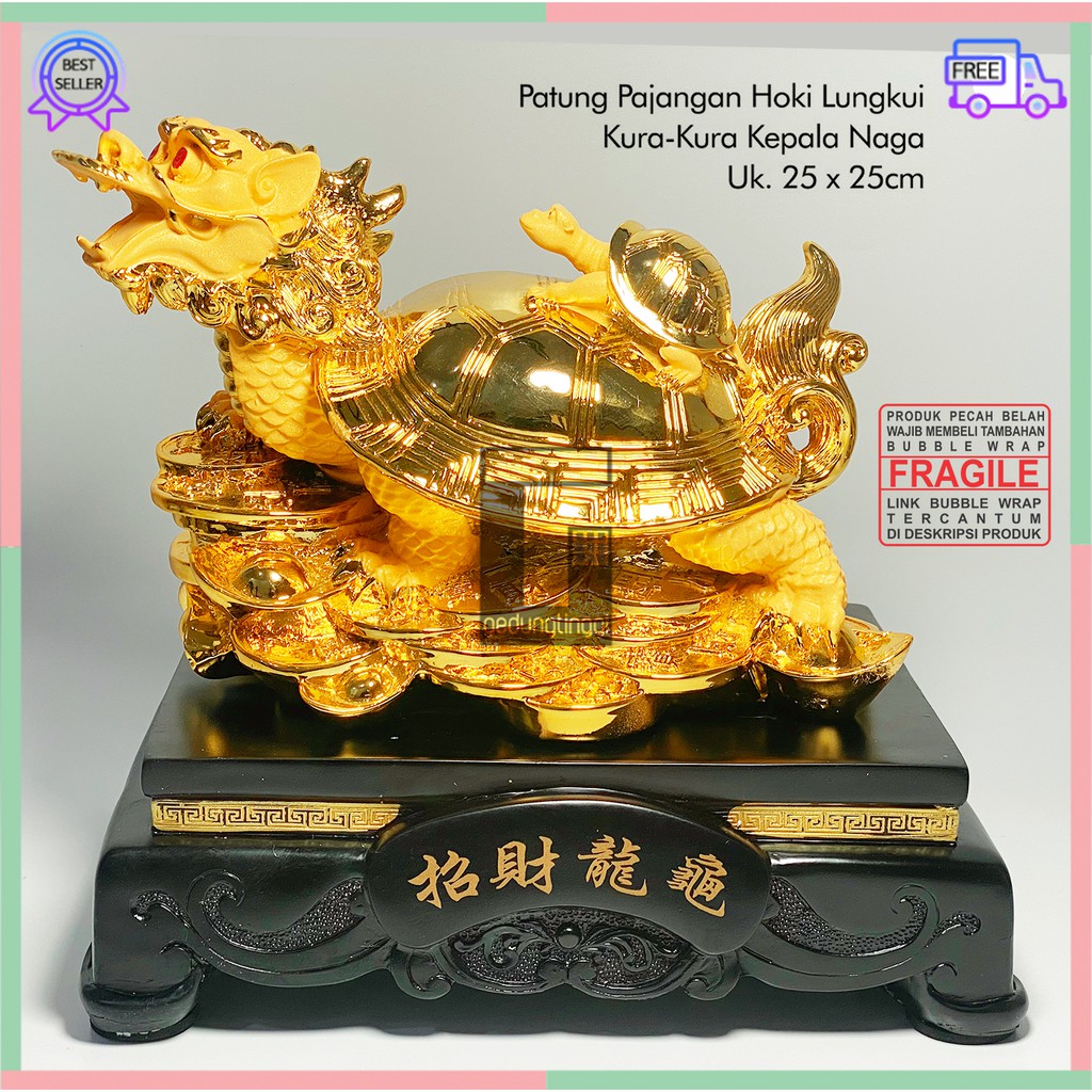 Hiasan Dekorasi Kado Hadiah Patung Pajangan Hewan Kura Kura Kura-Kura KuraKura Penyu Turtle Kepala Kaki Tiga Shio Naga Lungkui Gigit Coin Koin Amulet Hoki Rejeki Keberuntungan Lucky Gold Emas Kuningan Fengshui Tahun Baru Imlek Sincia Besar Jumbo Gift Box