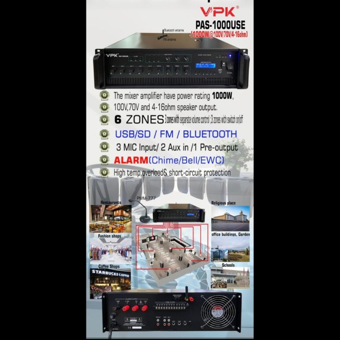Power Amplifier Matching VPK PAS 1000USE 6 Zona 1000watt Alarm,Bell,BT NEW