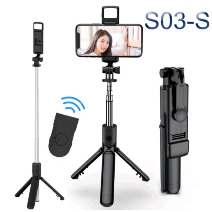 Selfie Stick Tongsis Tripod Remote Shutter Bluetooth 3in1 S03 S LED / Tongsis Bluetooth S LED Plus Remote Shutter &amp; Tripod