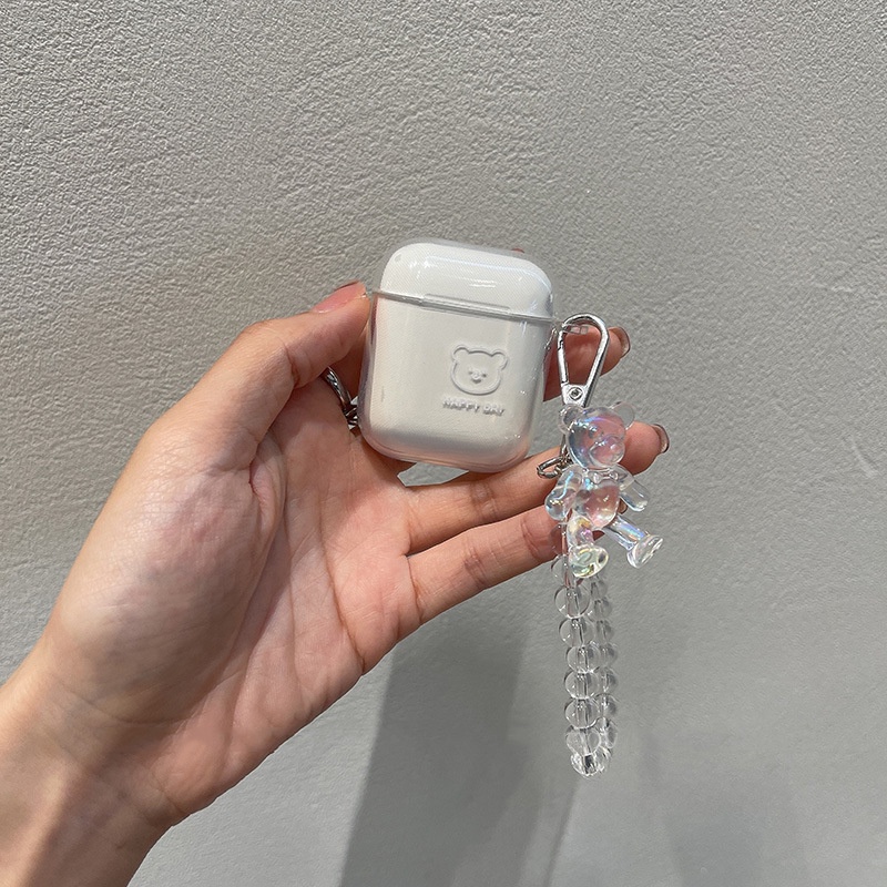 Soft Case TPU Transparan Motif Kartun Beruang Putih Dengan Rantai Untuk Apple Airpods 1 2 Pro 3 Bluetooth Earphone