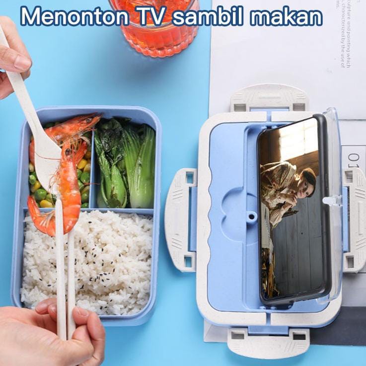 Lunch Box LB-1 Kotak Bekal Makan Siang Bahan Jerami Pegangan Melengkung + Sendok Dan Garpu