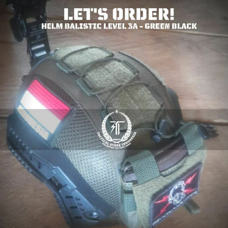 Helm Tactical Balistic Level 3A Anti Peluru Warna Hijau Rail Hitam Versi Kuping Pendek