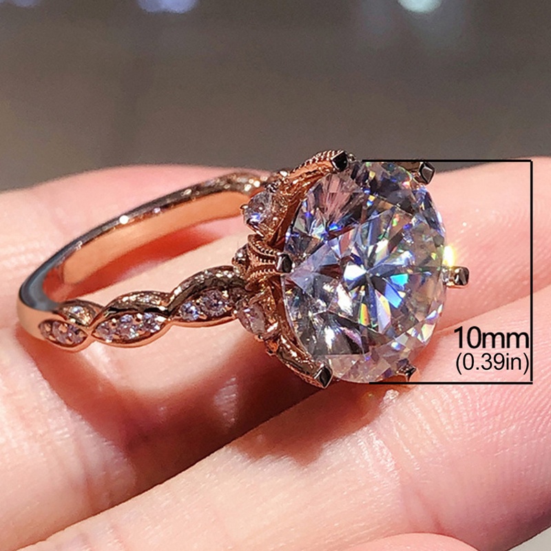 Cincin 4 Cakar Warna Rose Gold Hias Cubic Zirconia Bulat Besar Untuk Wanita