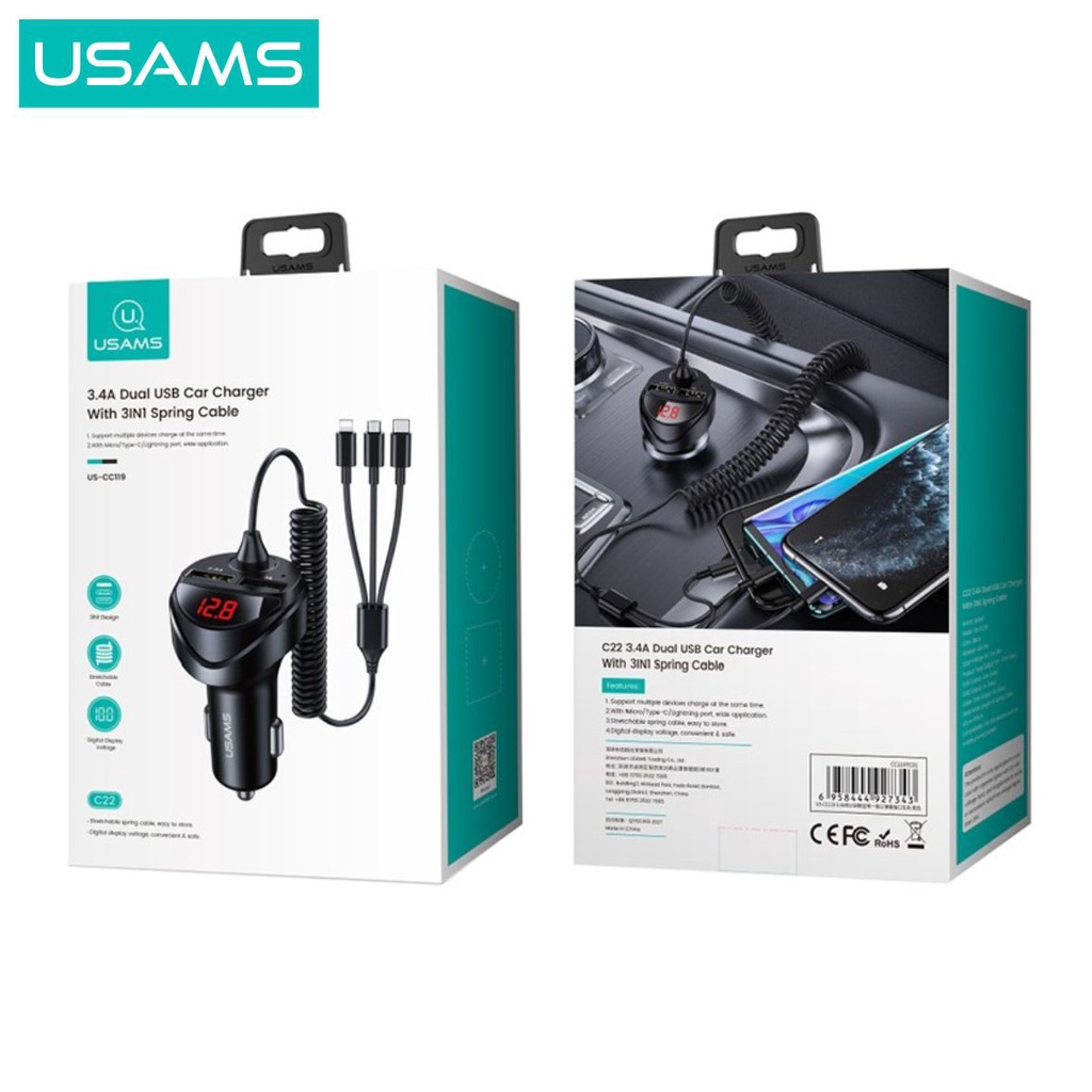 USAMS C22 Car Charger Mobil with 3IN1 Spring Cable Dual USB 3.4A Digital Display