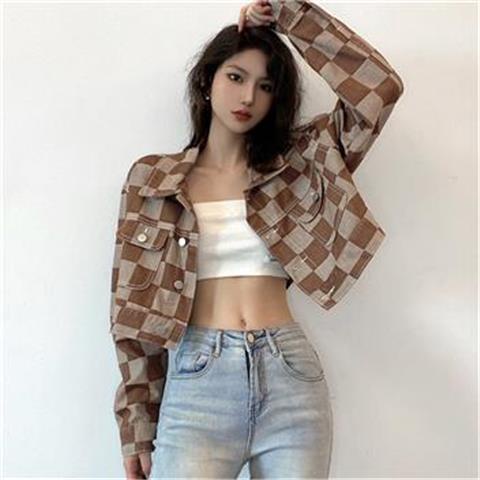 jaket korean style wanita retro plaid denim jacket women s high waist jacket loose short top