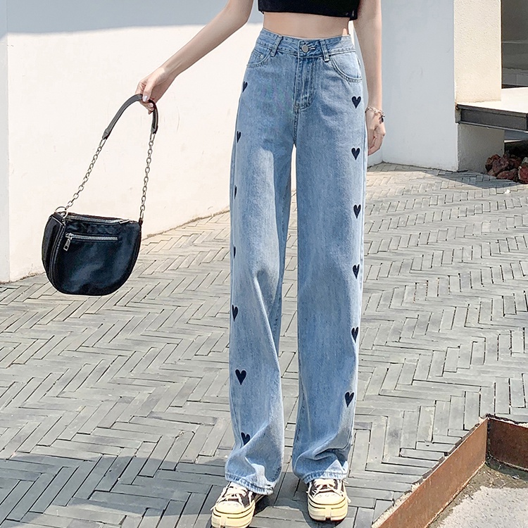 yikoo-Celana jeans bordir cinta high waist wanita panjang longgar boyfriend pants