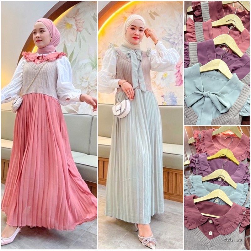 Gamis Lebaran Outer Boho Yuna ceruty Knitted Plisket Bangkok BKK Import 2326 rajut import