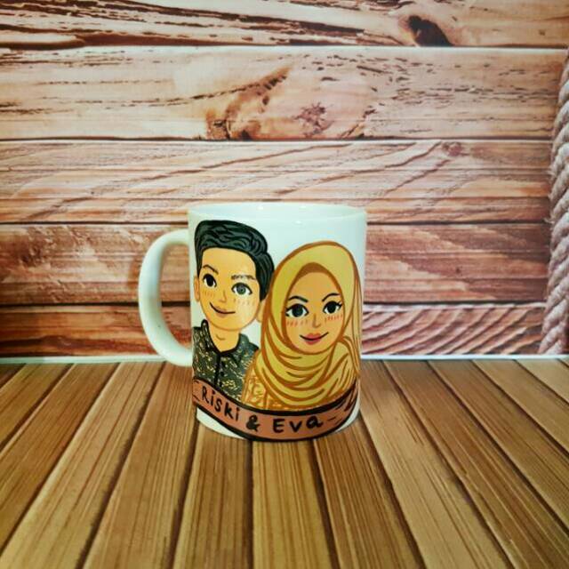 

Mug lukis 2D isi 2 wajah Handmade custom hadiah kado unik lucu karikatur lukisan
