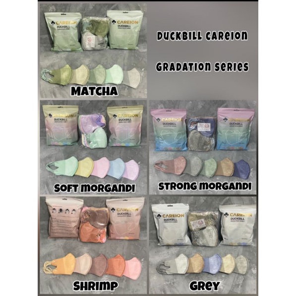 READY MASKER DUCKBILL CAREION CARE ION GRADATION GREY GRADATION SHRIMP PINK GRADASI GRADATION MATCHA SERIES ISI 50 LBR 3 PLY EMBOS CAREION