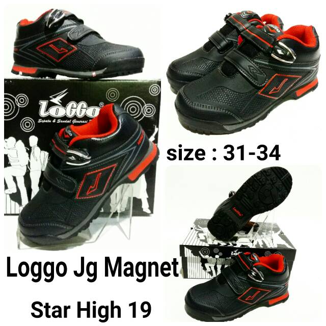 Sepatu sekolah anak junior black red loggo Jg magnet star high 19 sepatu sekolah anak murah dan baru