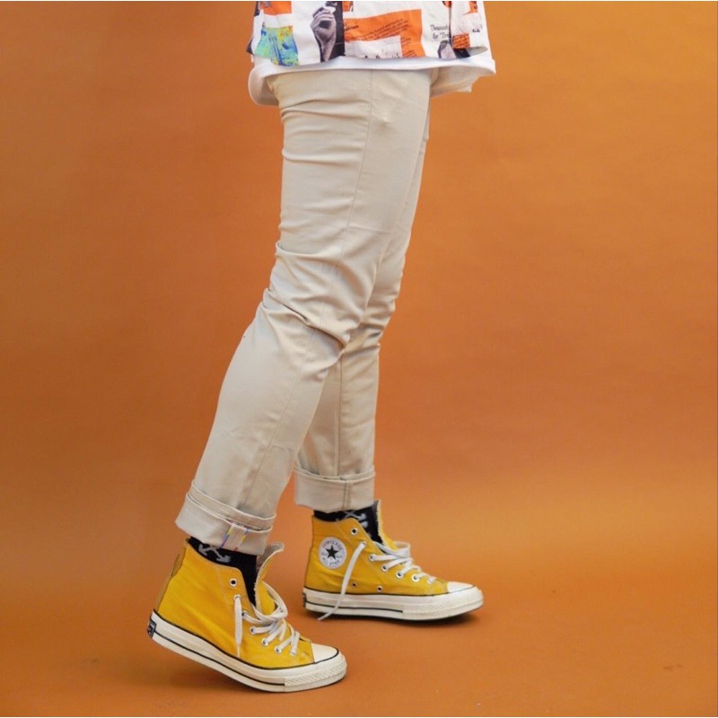SVGE DENIM “Prisma” Light Cream Chino Pants Accent Selvedge Rainbow