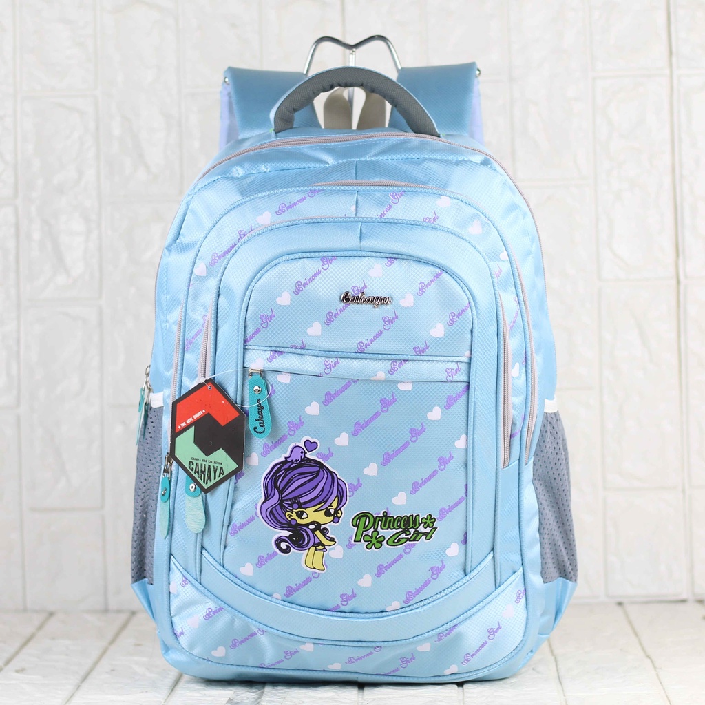 Tas Gendong Cahaya Princess Biru Ransel Sekolah SD SMP Free Raincover Tas Sekolah Cewek Berkualitas