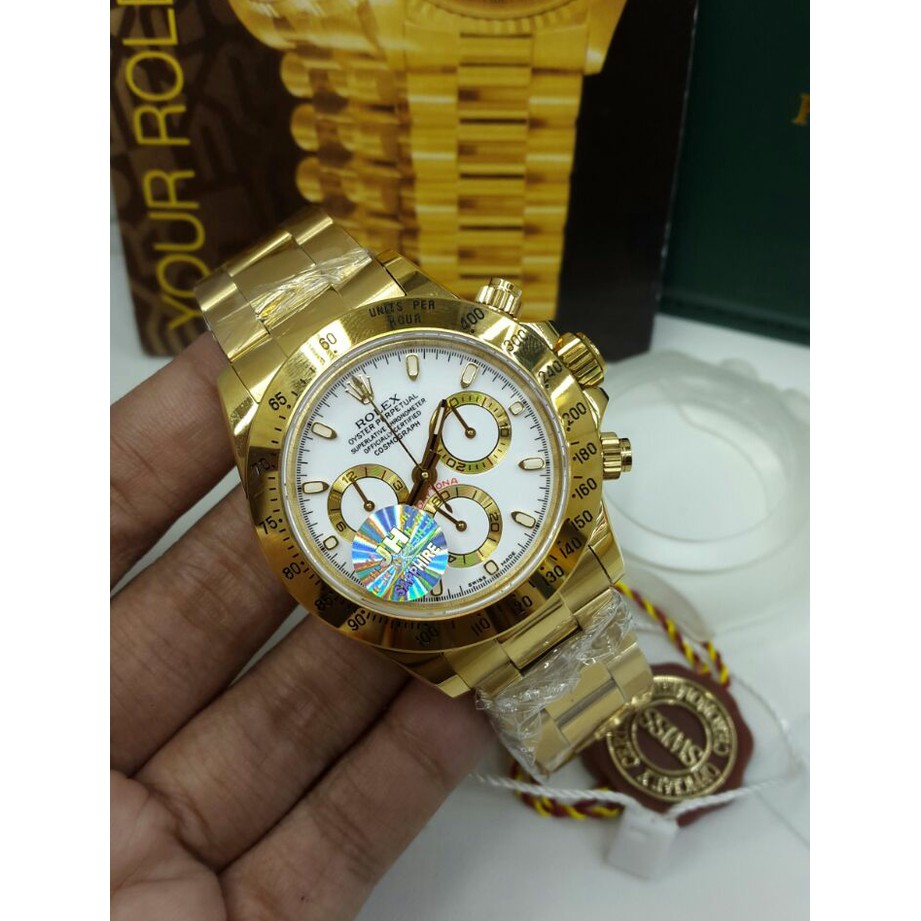 Jam Tangan Kw Super Rolex Daytona Cosmograph Gold White Dial Swiss Eta