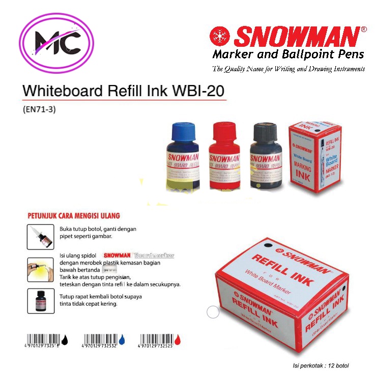 Tinta Spidol Non Permanent Whiteboard Snowman Isi Ulang Sepidol Papan Tulis Refil Warna Hitam Biru Merah Hijau Asli Original